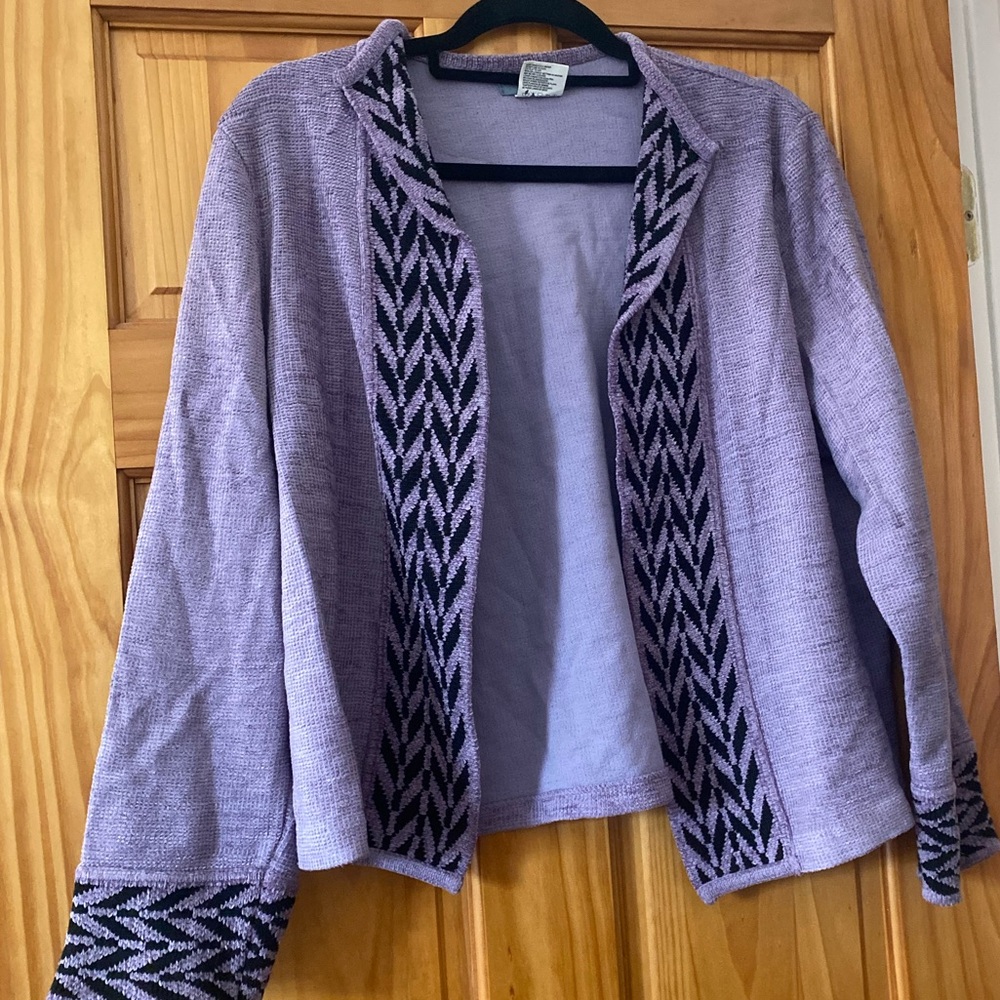 Koret XL Lavender Knit Open Cardigan Vintage Sweater Jacket Geometric Trim Boho